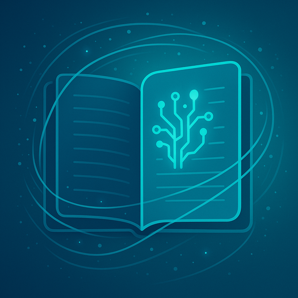 Illustration eines digitalen Notizbuchs mit KI-Schaltkreisen