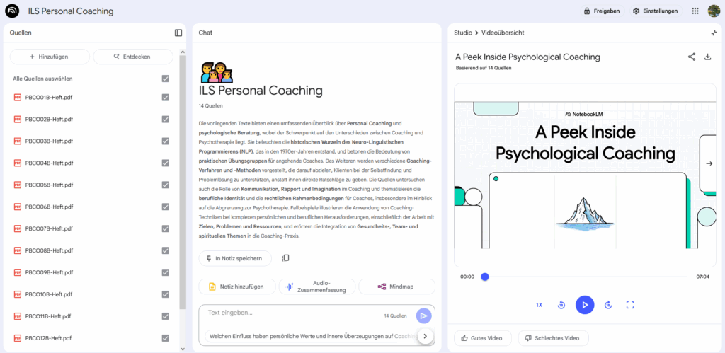 Screenshot aus NotebookLM mit einigen Quellen zum Thema Coaching und einem Video.